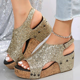 Casual Hollowed Out Sequins Patchwork Fish Mouth Out Door Wedges Shoes(3 Colors)