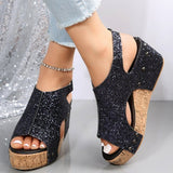 Casual Hollowed Out Sequins Patchwork Fish Mouth Out Door Wedges Shoes(3 Colors)