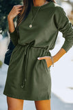 Casual Solid Draw String Pocket O Neck Long Sleeve Dresses