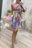 Sweet Elegant Floral Fold Oblique Collar A Line Dresses