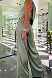 Elegant Solid Backless Asymmetrical Halter Long Sleeve Two Pieces