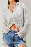 Casual Solid Sequins Sequined Turndown Collar Tops