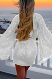 Elegant Solid Sequins O Neck Long Sleeve Dresses