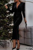 Elegant Solid Fold V Neck Long Sleeve Dresses