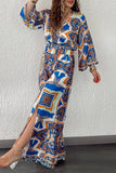 Casual Vintage Geometric Print Pocket Slit V Neck Long Sleeve Two Pieces