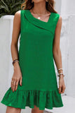 Elegant Solid Flounce Fold Oblique Collar Sleeveless Dress Dresses