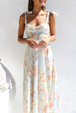 Sweet Elegant Print Flowers Fold V Neck Waist Skirt Dresses