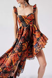 Sexy Butterfly Print Flounce Asymmetrical Square Collar Irregular Dresses