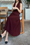 Elegant Solid Fold Pleated Turn-back Collar Sleeveless Two Pieces