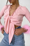 Sexy Solid Feathers Knotted V Neck Tops(4 Colors)