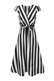 Elegant Striped Bandage V Neck A Line Short Sleeve Dress