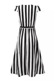 Elegant Striped Bandage V Neck A Line Short Sleeve Dress