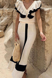 Elegant Solid Patchwork Flounce Fold V Neck Sleeveless Two Pieces