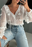 Sexy Jacquard Solid Color Lace Up See-Through V Neck Blouses(3 Colors)