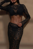Sexy Solid Color Lace Hollow Out O Neck Long Sleeve Two Pieces