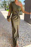 Sexy Solid Color Slit Ruched Knotted Sloping Shoulder Long Dresses