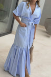Casual Daily Striped Print Pocket Lace Up Shirt Short Sleeve Dress