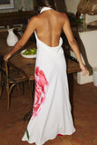 Celebrities Print Backless Strap Design Patchwork Halter Long Dresses