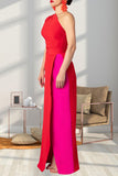 Street Solid Color Backless High Slit Patchwork Contrast Oblique Collar Long Dresses