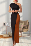 Street Solid Color Backless High Slit Patchwork Contrast Oblique Collar Long Dresses