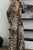 Sexy Street Leopard Print Lace Up V Neck Long Sleeve Two Pieces