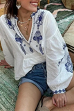 Casual Floral Print Embroidered V Neck Tops