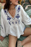 Casual Floral Print Embroidered V Neck Tops