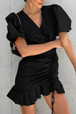 Casual Daily Solid Color Draw String Ruffle Ruched V Neck A Line Dresses