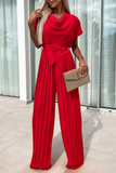 Casual Solid Color With Belt Pleated Pile Heap Collar Loose Jumpsuits(3 Colors)