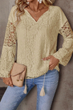 Casual Lace Fringed Trim Hollow Out V Neck Tops(4 Colors)