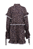 Elegant Leopard Print Flowers Lace Up Patchwork Ruffle Half A Turtleneck A Line Dresses(3 Colors)