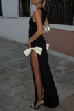 Sexy Slit Bow Decor O Neck Evening Dresses