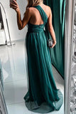 Sexy Prom Slit Mesh Sloping Shoulder Evening Dresses