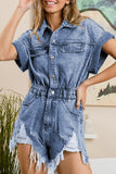 Casual Ripped Patchwork Turndown Collar Short Sleeve High Waist Regular Denim Romper