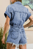 Casual Ripped Patchwork Turndown Collar Short Sleeve High Waist Regular Denim Romper