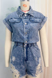 Casual Ripped Patchwork Turndown Collar Short Sleeve High Waist Regular Denim Romper