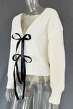 Casual Bow Decor Weave V Neck Outerwear(3 Colors)