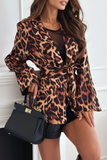 Casual Street Leopard Lace Up Contrast Turn-back Collar Outerwear