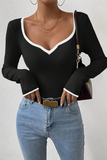 Casual Daily Solid Color Contrast V Neck Tops(5 Colors)