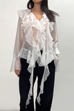 Elegant See-Through Ruffle Lotus Leaf Collar Blouses