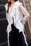 Elegant See-Through Ruffle Lotus Leaf Collar Blouses