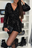 Casual Sequins Lace Up V Neck Straight Rompers