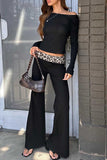 Casual Leopard Print Patchwork Off Shoulder Long Sleeve Two Pieces