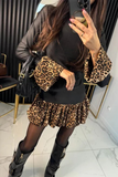 Sexy Leopard Patchwork Ruffle Contrast Half A Turtleneck A Line Dresses