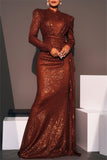 Formal Solid Color Sequins Patchwork Ruched Half A Turtleneck Long Dresses