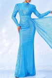 Formal Solid Color Sequins Patchwork Ruched Half A Turtleneck Long Dresses