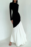 Elegant Ruched Contrast O Neck Long Dresses