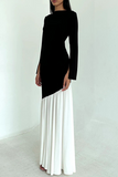 Elegant Ruched Contrast O Neck Long Dresses