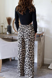 Casual Leopard Pocket Lace Up Loose High Waist Wide Leg Full Print Bottoms