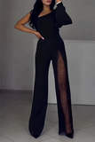 Sexy See-Through Mesh Sloping Shoulder Regular Jumpsuits(2 Colors)